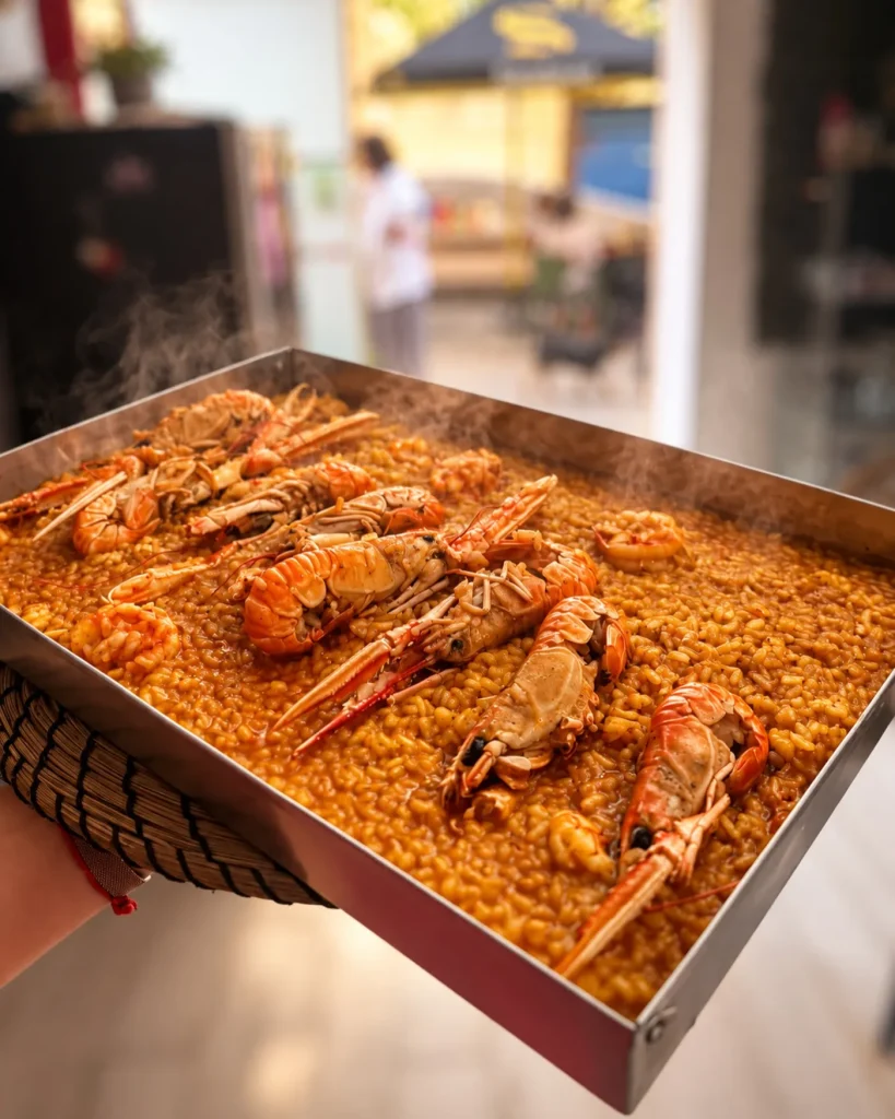 Arroz a la llanda de gambas y cigalas recién salido del horno