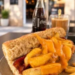 Bocadillo de bacon, queso y patatas con Coca-Cola y café con leche