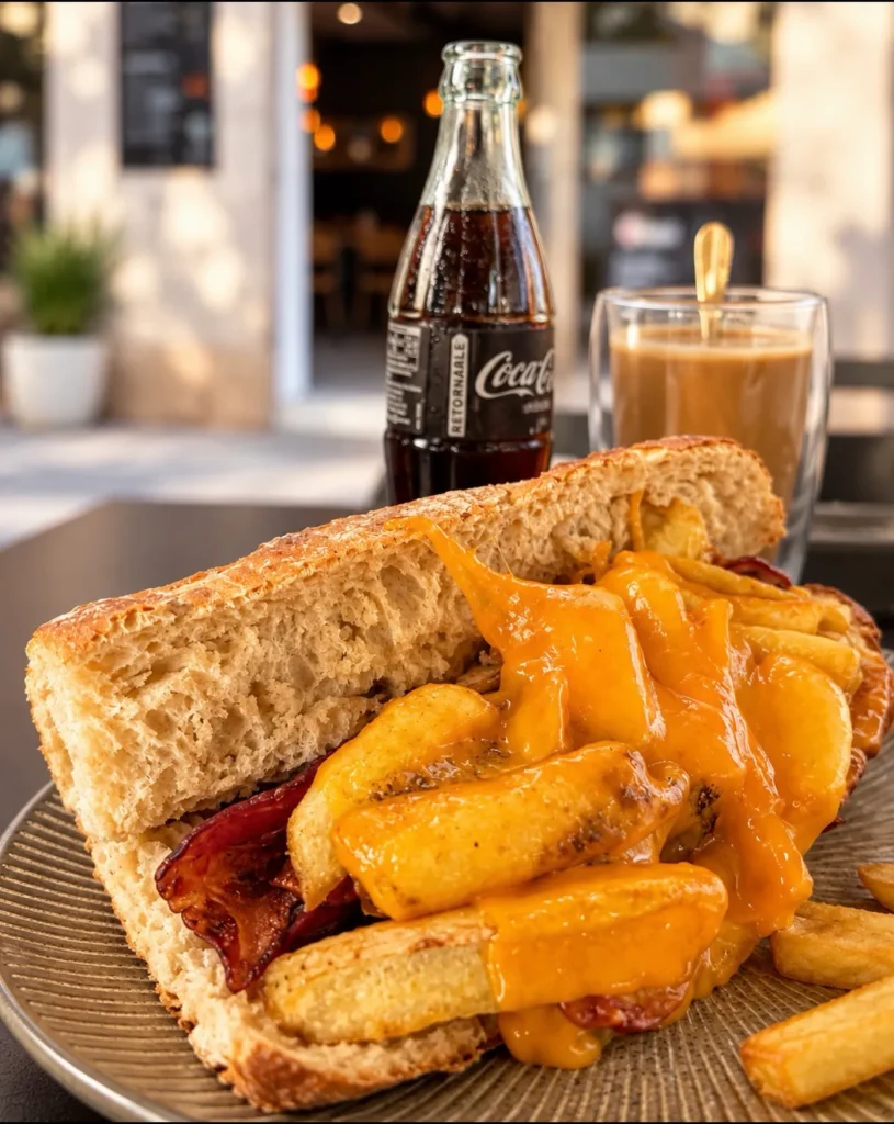 Bocadillo de bacon, queso y patatas con Coca-Cola y café con leche