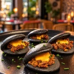 Pan bao negro con pato y cheddar