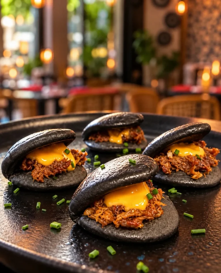 Pan bao negro con pato y cheddar
