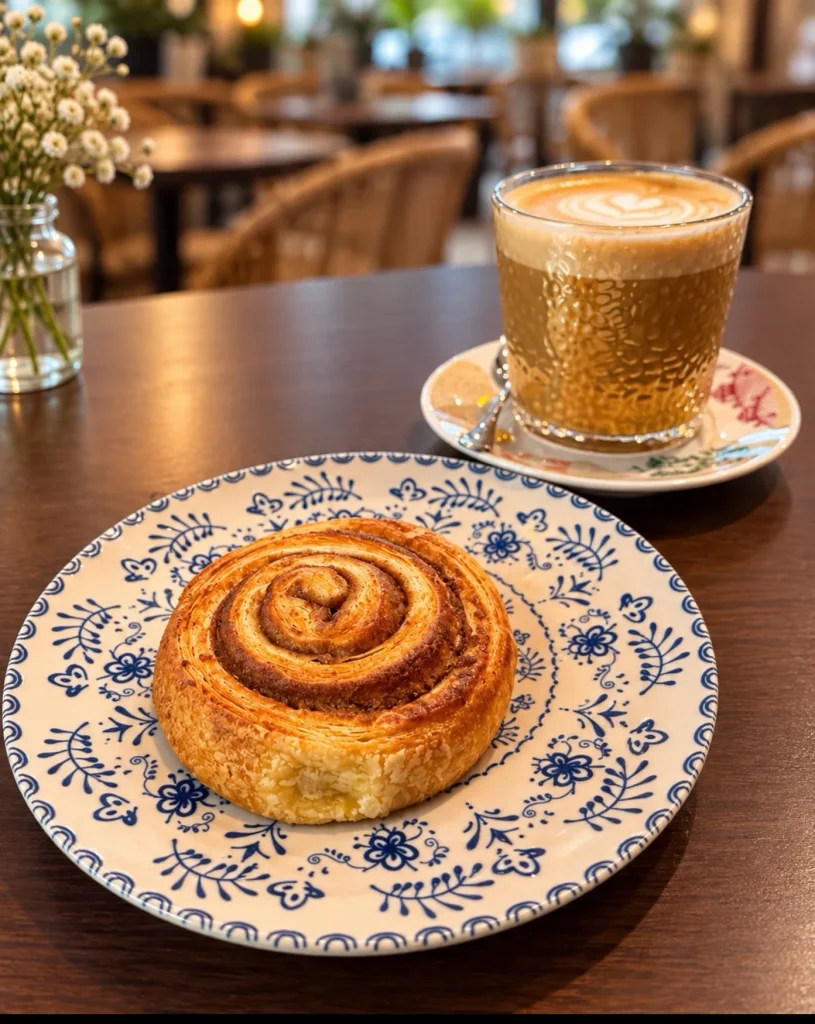 Rollito de canela y café con leche