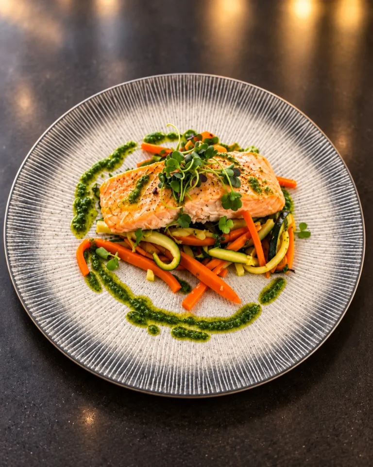 Salmón sobre verduras salteadas con salsa verde